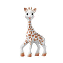 Sophie La Girafe teether, a soft, textured rubber giraffe with brown spots, designed for baby teething relief.