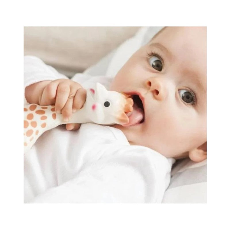 Baby holding a Vulli Sophie La Girafe teether, looking curiously at the camera with a finger in its mouth.