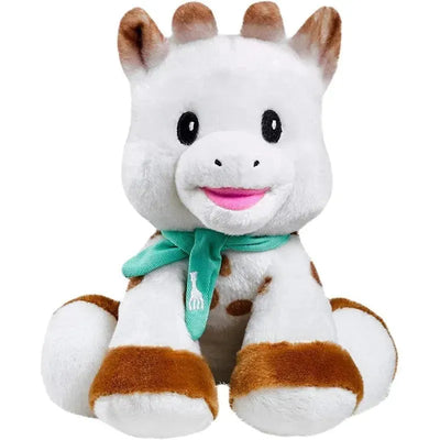 Vulli Sophie Plush, a soft baby toy shaped like a smiling giraffe with brown spots and a teal scarf.