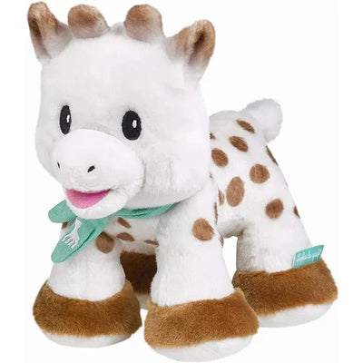 Soft plush giraffe toy with brown spots, a smiling face, and a green scarf, ideal for babies and toddlers.
