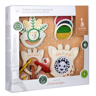 Vulli Sophie Sensory Gift Set includes colorful teething toys and textures, designed for sensory exploration in infants.
