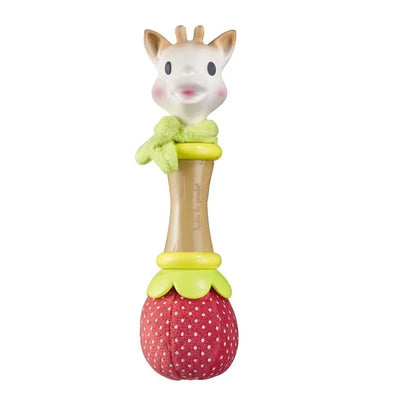 Soft rattle featuring a giraffe head with a green scarf and a red fabric strawberry bottom, designed for infants.