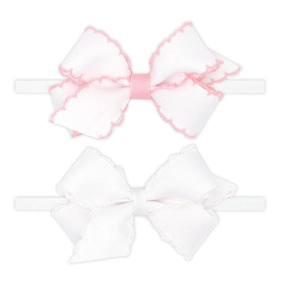 Wee Ones - 2Pk Mini Moonstitch Grosgrain Bows on Skinny Nylon Band, Mini, Light Pink & White Image 1