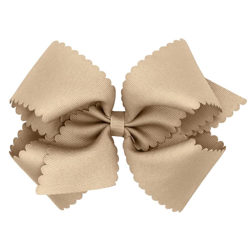 Wee Ones - Classic Grosgrain Hair Bow with Scalloped Edges and Plain Wrap Center, King, Oatmeal Image 1