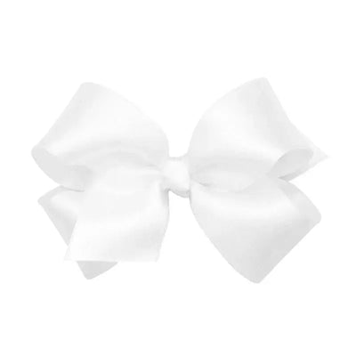 Classic white satin hair bow on a WeeStay clip, medium size, designed for girls’ hair accessories.