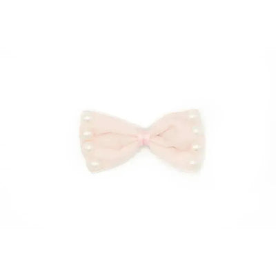 Wee Ones Med Velvet Bowtie Light Pink & Pearls Image 1