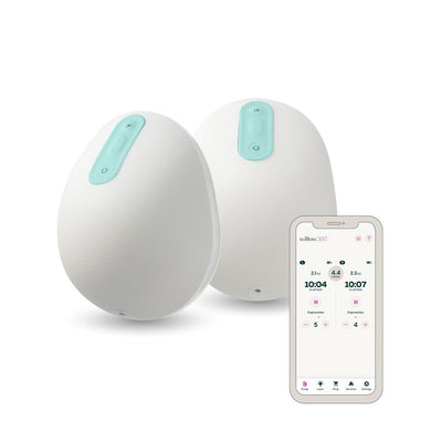Wearable Willow 360 breastfeeding pump showing two white pump units with teal buttons and a connected smartphone displaying stats.
