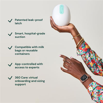Wearable breast pump with a white design, held in a hand; features listed include leak-proof, smart suction, and app control.