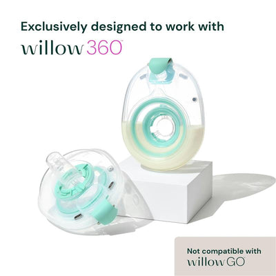 Willow 360 reusable breast milk containers with mint green accents, designed to work with the Willow 360 system.