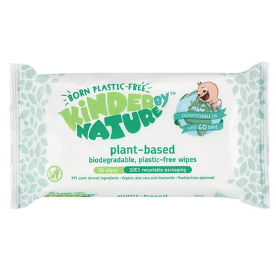 Plant-based baby wipes package by Kinder by Nature, featuring biodegradable and plastic-free details, 56 wipes.