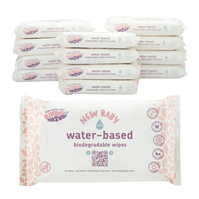 Wilogis water-based biodegradable baby wipes, featuring 56 unscented wipes, pediatrician approved, and plastic-free packaging.