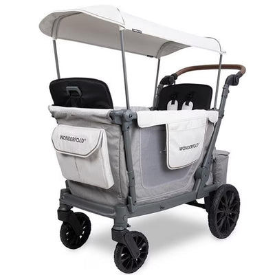Double 2-seater stroller wagon in grey with a canopy, padded seats, and storage pockets. Designed for comfort and convenience.