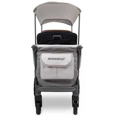 Grey Wonderfold L2 Double 2-Seater Stroller Wagon featuring a canopy and storage pocket with the logo visible.