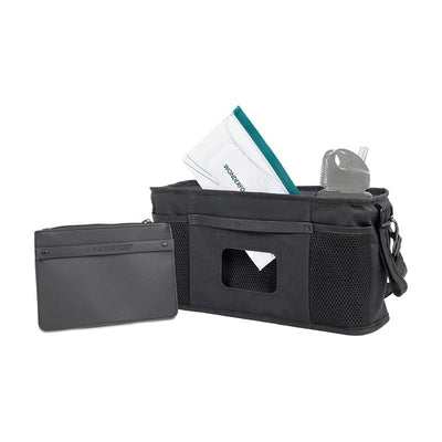 Stroller organizer with multiple compartments, including a black main bag and a smaller gray pouch, designed for parents on the go.