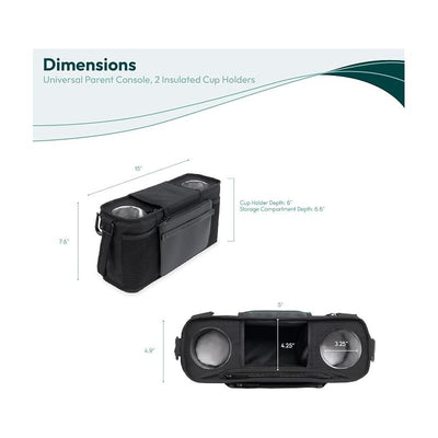 Universal Parent Console for strollers, featuring dimensions, two insulated cup holders, and a zippered storage compartment.