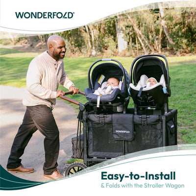 W2 Car Seat Adapter for Wonderfold, featuring a man pushing a stroller wagon with two babies in car seats.