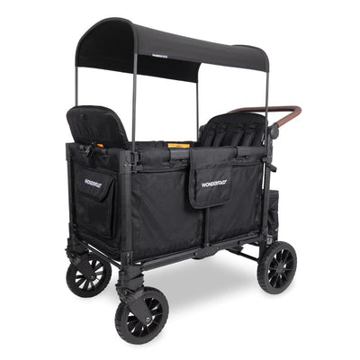 Quad stroller designed for up to four children, featuring a sleek jet black fabric, adjustable canopy, and comfortable seating.
