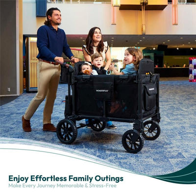 Wonderfold W4 Luxe Pro Quad Stroller in Jet Black, carrying four kids; family enjoying an outing.