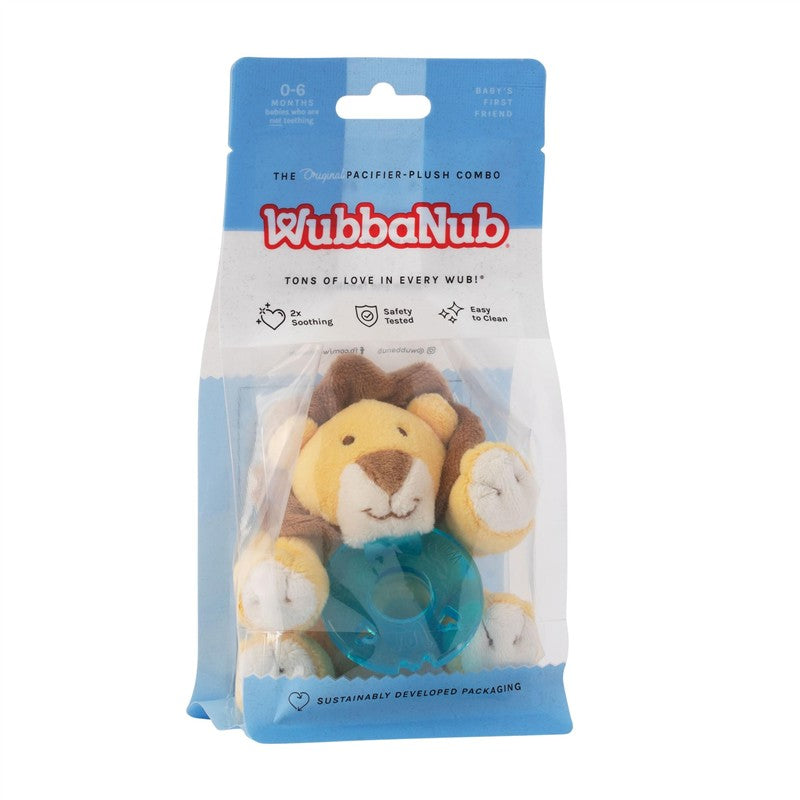 WubbaNub Infant Pacifier featuring a plush baby lion and a teal pacifier, packaged with safety and cleaning details.