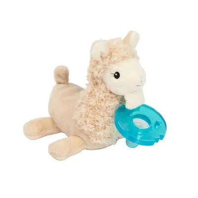 WubbaNub infant pacifier featuring a plush llama with a soft, textured body and a blue rubber pacifier attached.