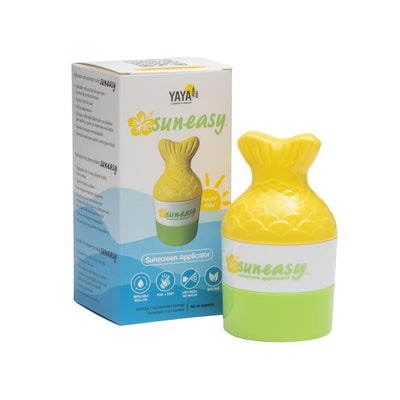 Yaya Organics Sun-Easy Sunscreen Applicator in a fish tail design, yellow top with green base, 80 ml capacity, fun for kids.