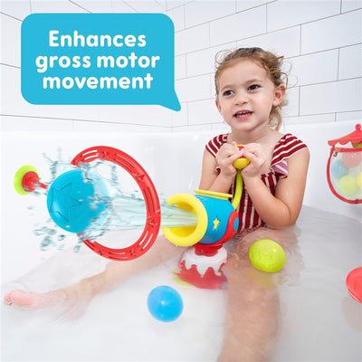 Water cannon toy with a child splashing water; features colorful parts and enhances motor skills.