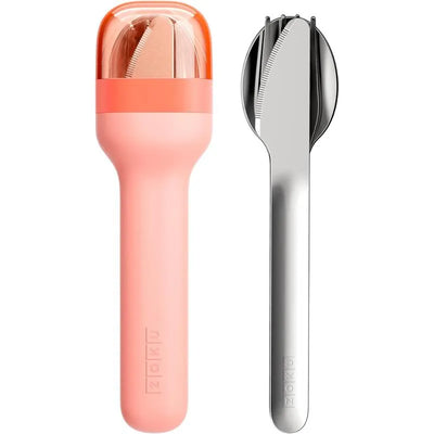 ZOKU Pocket Utensil Set in peach, featuring a pink handle and stainless steel fork/spoon combo.
