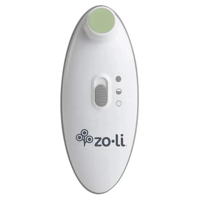 Electric baby nail trimmer from Zoli, featuring a green sanding head, power switch, and indicator lights.