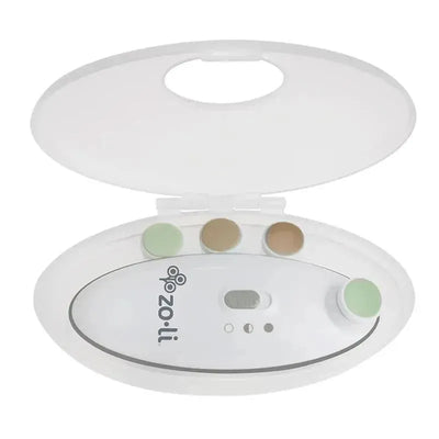 Electric baby nail trimmer in a white case with interchangeable sanding tips and control buttons.