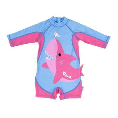 Baby one-piece surf suit featuring a playful pink shark design against a blue background, suitable for young children.