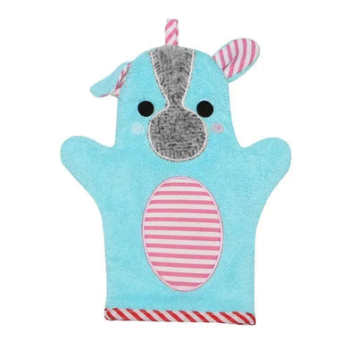 Baby bath mitt designed as a Yorkie, featuring blue terry fabric, a striped belly, and textured gray ears. Suitable for ages 0-18 months.