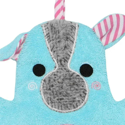 Blue terry bath mitt shaped like a Yorkie dog, featuring pink striped ears and a gray snout, designed for babies 0 to 18 months.