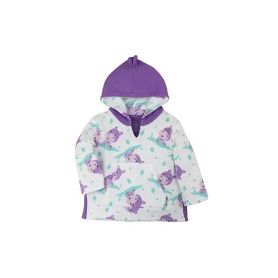 Baby terry swim coverup in size large featuring a purple hood and playful hippo print on a white background.