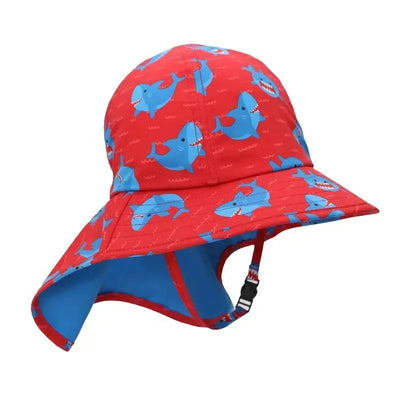 Blue shark-patterned sunhat for babies and toddlers with a wide brim and adjustable chin strap.