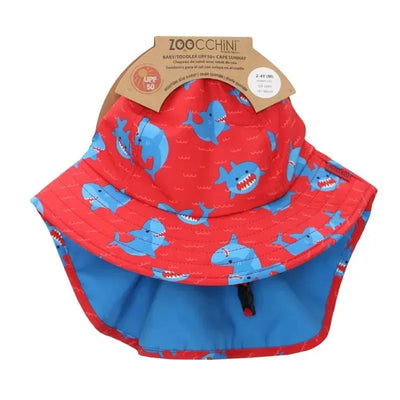 Baby/toddler sunhat by Zoocchini featuring a red design with blue sharks, offers UPF 50 protection.