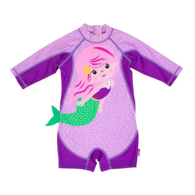 Baby girl one-piece surf suit featuring a mermaid design with pink hair and green tail on a purple polka dot background.