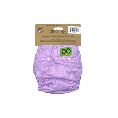 Cloth diaper by Zoocchini in lavender with polka dots, featuring a green owl label and two inserts, one size fits all.