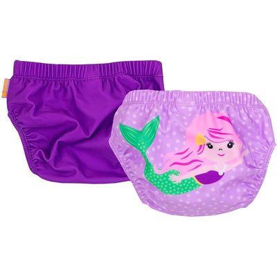 Knit swim diaper 2-piece set featuring a purple diaper with a playful mermaid design, ideal for young children.