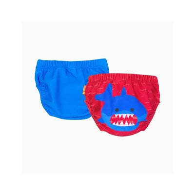 Two-pack knit swim diaper set from Zoocchini featuring a solid blue diaper and a red diaper with a shark graphic.