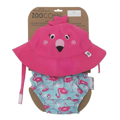 Flamingo-themed swim diaper and sunhat set by Zoocchini featuring vibrant pink colors and UV protection.