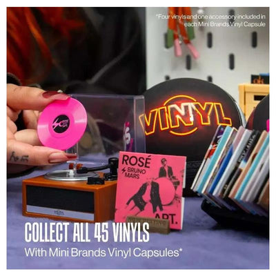 Mini Brands collectible music vinyl set featuring a pink vinyl record and a turntable, with promotional text for collecting.