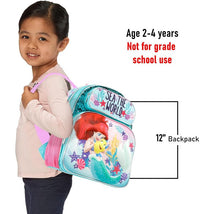 Mini backpack featuring a colorful Little Mermaid design, intended for kids aged 2-4 years, measuring 12 inches.