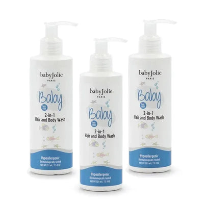 Three bottles of Baby Jolie 2-in-1 Hair and Body Wash, 7.5 oz each, hypoallergenic and dermatologically tested.