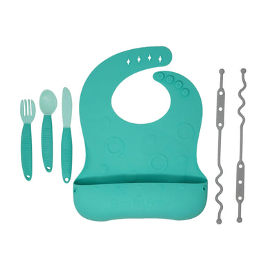 Busy Baby Mat Bungee Bib and Utensil Set in teal silicone