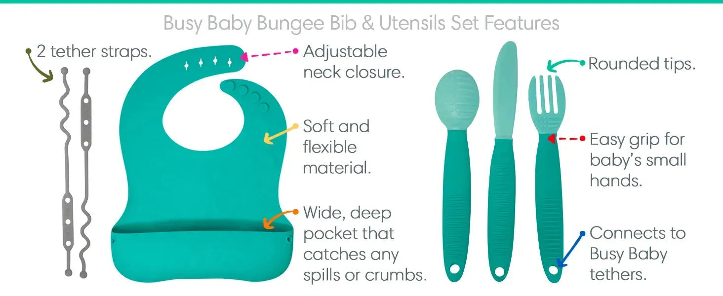 Conjunto de babador e utensílio para bebê ocupado