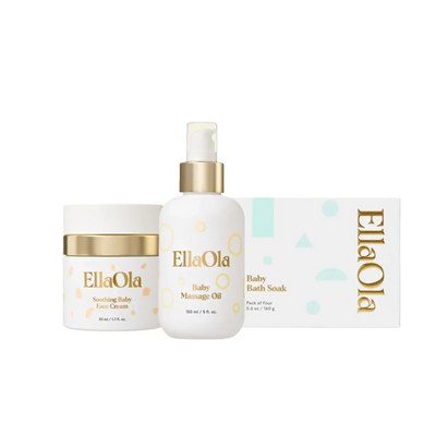 EllaOla Mommy SPA Bundle featuring baby face cream, massage oil, and bath soak.
